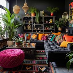 a living room filled with lots of colorful furniture and potted plants on the wall