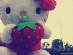 a hello kitty strawberry stuffed animal sitting on top of a window sill