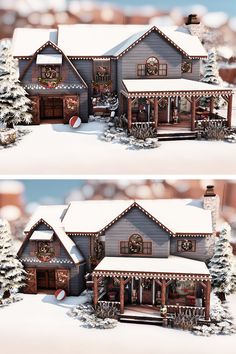 two pictures of a house in the snow