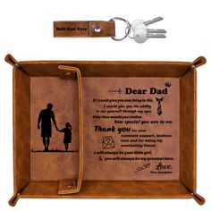 a leather case with a keychain attached to it and a handwritten poem on the front