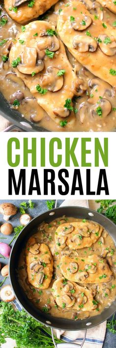 chicken marsala in a skillet with mushrooms and parsley