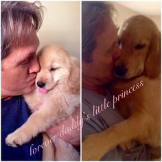 a man holding a puppy and kissing it's face next to another photo with the caption for forever lady's true princess