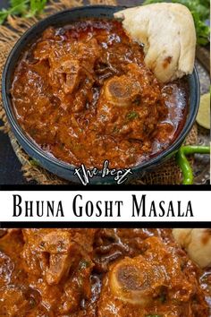 two pictures with different types of food in them and the words bhuna gosh masala