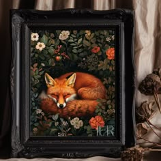 a painting of a red fox sleeping in the forest surrounded by wildflowers and pine cones