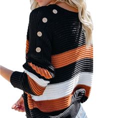 Orange Color Block Netted Texture Sweater Striped Sweater With Button Closure For Fall, Fall Striped Sweater With Button Closure, Mode Ab 50, Trendy Sweatshirts, Short Wrap Skirt, Orange Color Block, Striped Knit Sweater, Autumn Look, Sweater Chunky