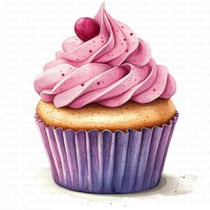 a painting of a cupcake with pink frosting and a cherry on the top