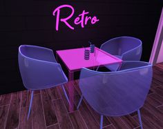 two chairs and a table in front of a neon sign that says retro on the wall