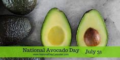 an avocado cut in half with the words national avocado day on it