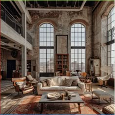 a living room filled with lots of furniture next to tall windows and large windows on the wall