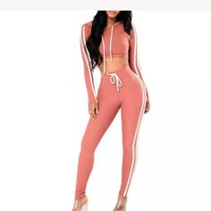 2pcs Tracksuit Fitted Solid Two-piece Loungewear Set, Fitted Loungewear Two-piece Set, Fitted Two-piece Spring Set, Sporty Long Sleeve Summer Sets, Fitted 2 Piece Sets For Spring, Sporty Long Sleeve Sets For Summer, Pink Stretch Two-piece Set, Pink Stretchy Two-piece Set, Pink Stretchable Two-piece Set