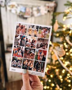 a person holding up a polaroid with pictures of people on it in front of a christmas tree