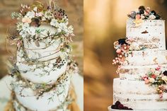 two cakes decorated with flowers and leaves are shown side - by - side on display