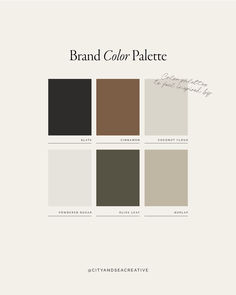 the brand color palette is shown in several different colors and font, including black, brown,