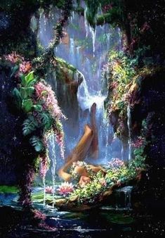 a painting of a woman sitting in the middle of a waterfall surrounded by greenery