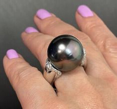 GIANT 18K White Gold Tahitian Black Pearl Diamond Vintage Cocktail Ring Size 6 | eBay Black Tahitian Pearl Ring, Formal Black Tahitian Pearl Ring, Black Luxury Pearl Ring For Formal Occasions, Black Pearl Jewelry, Vintage Cocktail Ring, Black Pearls, Tahitian Black Pearls, Vintage Cocktail, Stone Crystal