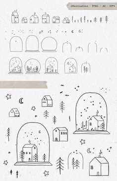 various hand drawn doodles with houses, trees and snow globes in the background