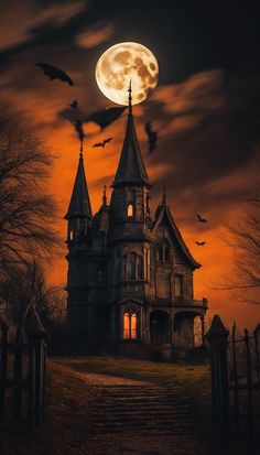 a creepy house with bats flying over it