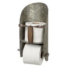 two rolls of toilet paper are hanging from a metal holder on a white wall,