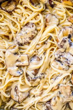 pasta with mushrooms and sauce in a pan