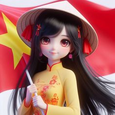 a girl with long black hair wearing a hat and holding an umbrella in front of a chinese flag