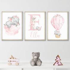 three children's wall art prints featuring elephants and hot air balloons with the letter e