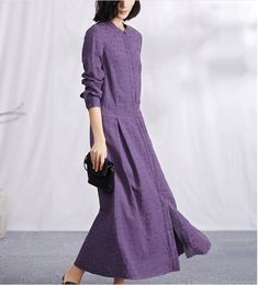 Purple Jacquard Autumn linen Women Dresses Casual Women Dress SSM97215 Women Dresses Casual, Linen Dress Women, Long Linen Dress, Women Coat, Linen Maxi Dress, Loose Style, Organic Cotton Fabric, Sleeves (women), Dresses Short