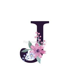 the letter j is decorated with pink flowers and green leaves on it's side