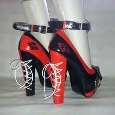 null Ankle-high Heels With Red Sole, Ankle-high Party Heels With Rubber Heel Cap, Harley Quinn Shoes, Platform Ankle Strap Heels, Joker And Harley Quinn, Ankle Strap Heels, Strap Heels, Harley Quinn, Christian Louboutin Pumps