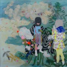 two children standing in front of a tree with flowers and birds on it, looking at the sky