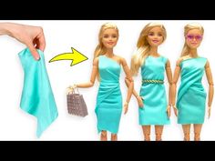 three barbie dolls are dressed in blue dresses and one is holding a purse with the other hand