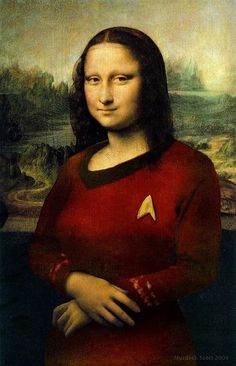 a painting of a woman with long hair and a star trek shirt on, in front of a landscape