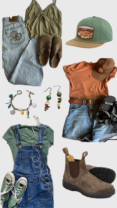 Grabola girl aesthetic outfits, crunchy vibes, blinds tone boots, overalls, green t-shirt, green converse, jean shorts, leather belt, orange shirt, Texas, Birkenstock clogs, jeans, green tank top, national park hat, hem jewelry, beaded bracelet, beaded earrings, collage of outfits Granola Girl Summer Outfits, Thigh High Boots Outfits, Burgundy Boots Outfit, Granola Girl Style, Summer Camp Outfits