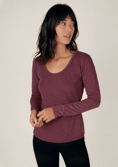 Long Sleeve Scoop Neck Curved Hem Tee in Heather Port - Veneka-Sustainable-Ethical-Tops-Graceful District Drop Ship Sustainable Womens Clothing, Scoop Neck Tee, Recycled Plastic, Vintage Look, Scoop Neckline, Vintage Looks, Capsule Wardrobe, Scoop Neck, Long Sleeve Tees