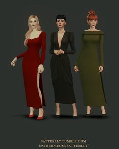 three women in long dresses standing next to each other on a dark background with the caption, satterly tumber com