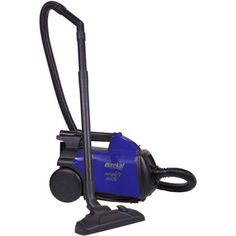 a blue and black vacuum cleaner on a white background