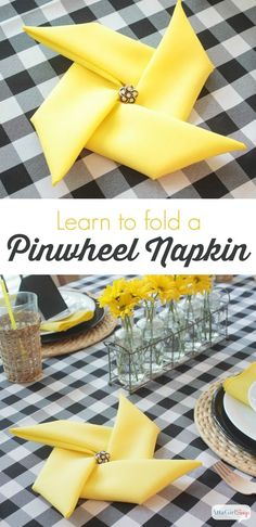 a table topped with yellow napkins and plates