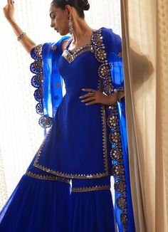 Royal Blue Georgette Sharara Set Vvani by Vani Vats - Fabilicious Fashion Royal Blue Indian Suit, Blue Suit Wedding Women, Blue Suits Women Indian, Royal Blue Sharara, Royal Blue Indian Outfit, Blue Sharara Suit, Blue Sharara, Vani Vats, Georgette Sharara