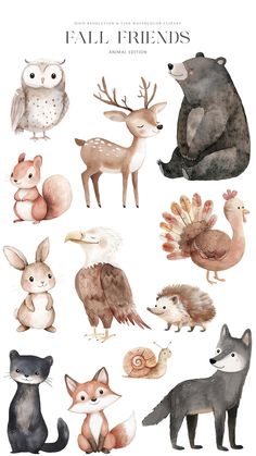 watercolor illustrations of animals and birds in different colors, with the words fall friends above them