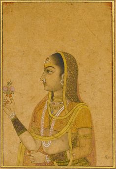 A Lady Holding a Flower | India, Mughal, 17th century Old Indian Paintings, Mughal Animals, Rajput Painting, Pahari Painting, Flower Gouache, Indian Elements, Mughal Miniature, Rajasthani Painting