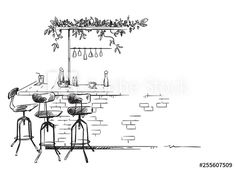 an ink drawing of a bar with three stools and a table in the middle