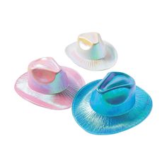 three hats with different colors and shapes on the top one is blue, pink, and white