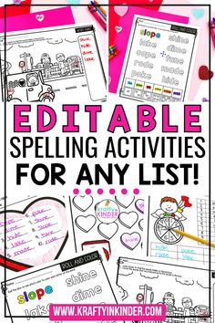 editable spelling activities for kids with the text editible spelling activities for any list