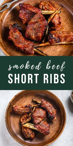 smoked beef short ribs on a plate with text overlay that reads smoked beef short ribs