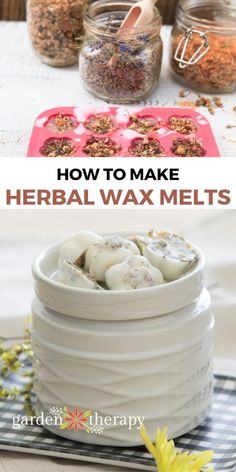 how to make herb wax melts in glass jars on a table with flowers and spoons