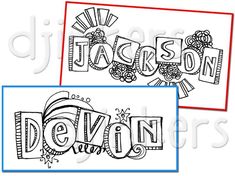 two coloring pages with the words, jackson and deviin in different font styles on them