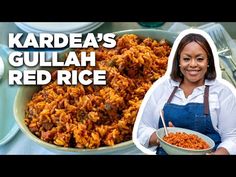 a woman holding a bowl filled with food next to a plate full of rice and meat