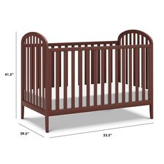 a crib is shown with measurements for the bed and side rails, including the mattress