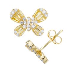 These delicate 14k gold plated butterfly stud earrings are dotted with pretty cubic zirconia accents, the perfect way to add a touch of sweetness to any outfit. These delicate 14k gold plated butterfly stud earrings are dotted with pretty cubic zirconia accents, the perfect way to add a touch of sweetness to any outfit. Metal: sterling silver Backings: post Packaging: boxed Plating: 14k gold Finish: polished Diameter: 10 mmSTONE DETAILS Stone type: cubic zirconia Total weight: 7/8 ct. Shape: bag Yellow Gold Butterfly Shaped Jewelry With Cubic Zirconia, Butterfly-shaped Yellow Gold Earrings For Anniversary, Gold Earrings With Butterfly Charm In Cubic Zirconia, Gold Cubic Zirconia Butterfly Earrings, Yellow Gold Butterfly Earrings With Cubic Zirconia, Gold Earrings With Cubic Zirconia Butterfly Charm, Yellow Gold Cubic Zirconia Butterfly Earrings, Gold Cubic Zirconia Earrings With Butterfly Charm, Formal Butterfly-shaped Cubic Zirconia Earrings