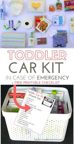 the toddler car kit in case of emergency with free printable checklist and instructions