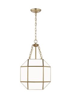 a light fixture hanging from the ceiling with a chain around it and a square glass shade